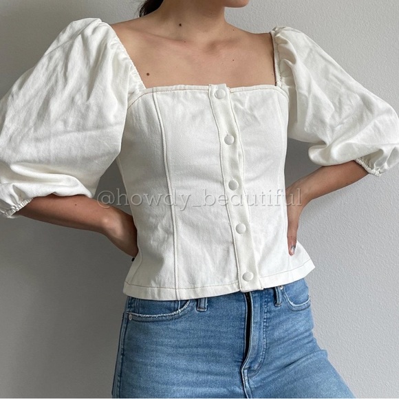 Lush front button square neck balloon sleeve crop - Picture 7 of 8